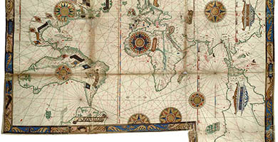 1430  Worldchart whichincludes Americaandalarge Terra Java( Australia) P O R T O L A N A T L A Sand N A U T I C A L A L M A N A C  Guillaume Brouscon 1543